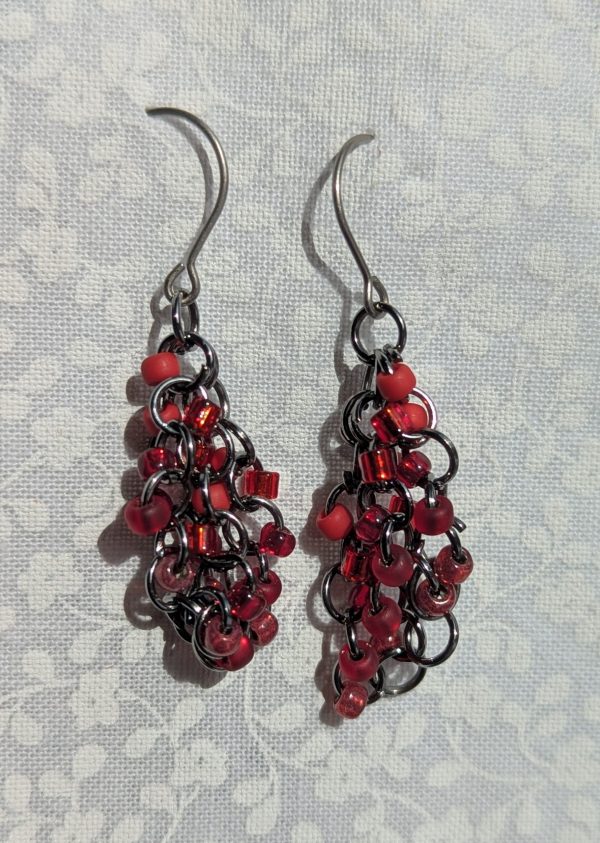 Red beaded earrings with 6 tiers
