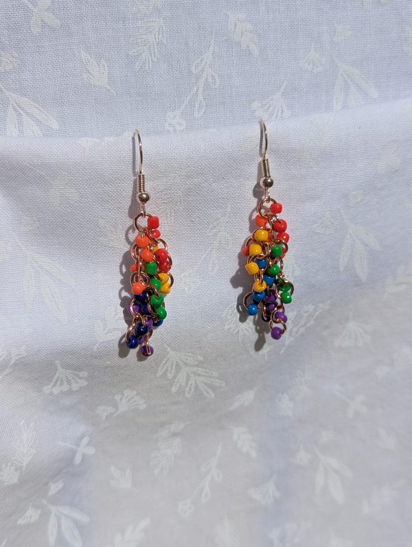 A pair of long, dangling rainbow beaded earrings featuring 24 colorful glass seed beads per earring, attached to rose-gold-colored jump rings and rose-gold-colored hooks.
