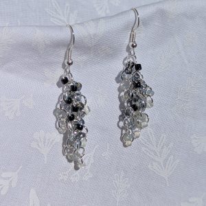 Monochrome cascade black-and-white gradient earrings with textured beads, featuring silver-colored jump rings and earring hooks.