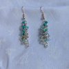 The Seafoam green and teal earrings feature a blend of teal glass seed beads of various hues each with a variety of texture. A total of 18 beads per earring—three beads per hue—cascade gracefully, creating a vibrant and eye-catching effect.
