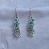The Seafoam green and teal earrings feature a blend of teal glass seed beads of various hues each with a variety of texture. A total of 18 beads per earring—three beads per hue—cascade gracefully, creating a vibrant and eye-catching effect.