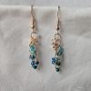 Ocean Tide earrings with 14 beads in seven ocean-inspired colors: clear, matte gray, pearly blue/gray, iridescent blue, metallic blue, matte deep blue, and solid indigo, connected with gold-colored jump rings and hooks.