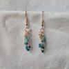 Ocean Tide earrings with 14 beads in seven ocean-inspired colors: clear, matte gray, pearly blue/gray, iridescent blue, metallic blue, matte deep blue, and solid indigo, connected with gold-colored jump rings and hooks.