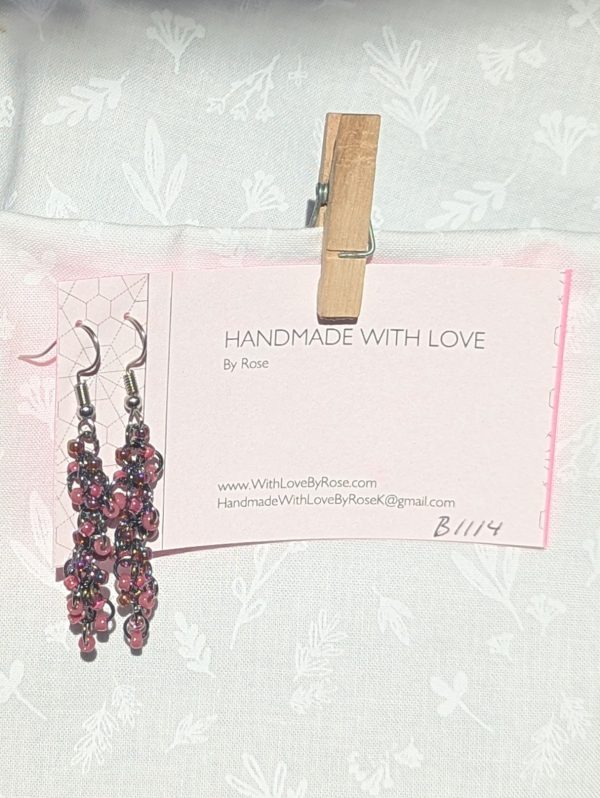 Dusky Bloom Earrings: Earrings made with 27 mauve and garnet-toned beads, connected with tungsten jump rings and steel earring hooks.