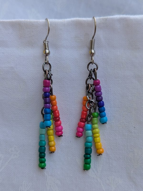 Rainbow Glow Cascade Earrings: Dangle earrings with 32 unique rainbow-colored seed beads arranged in vertical strands, connected by tungsten and steel findings.