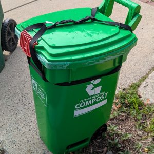 Rodent-Resistant Compost Bin Strap System: Green compost bin secured with black buckle strap system to prevent animal access