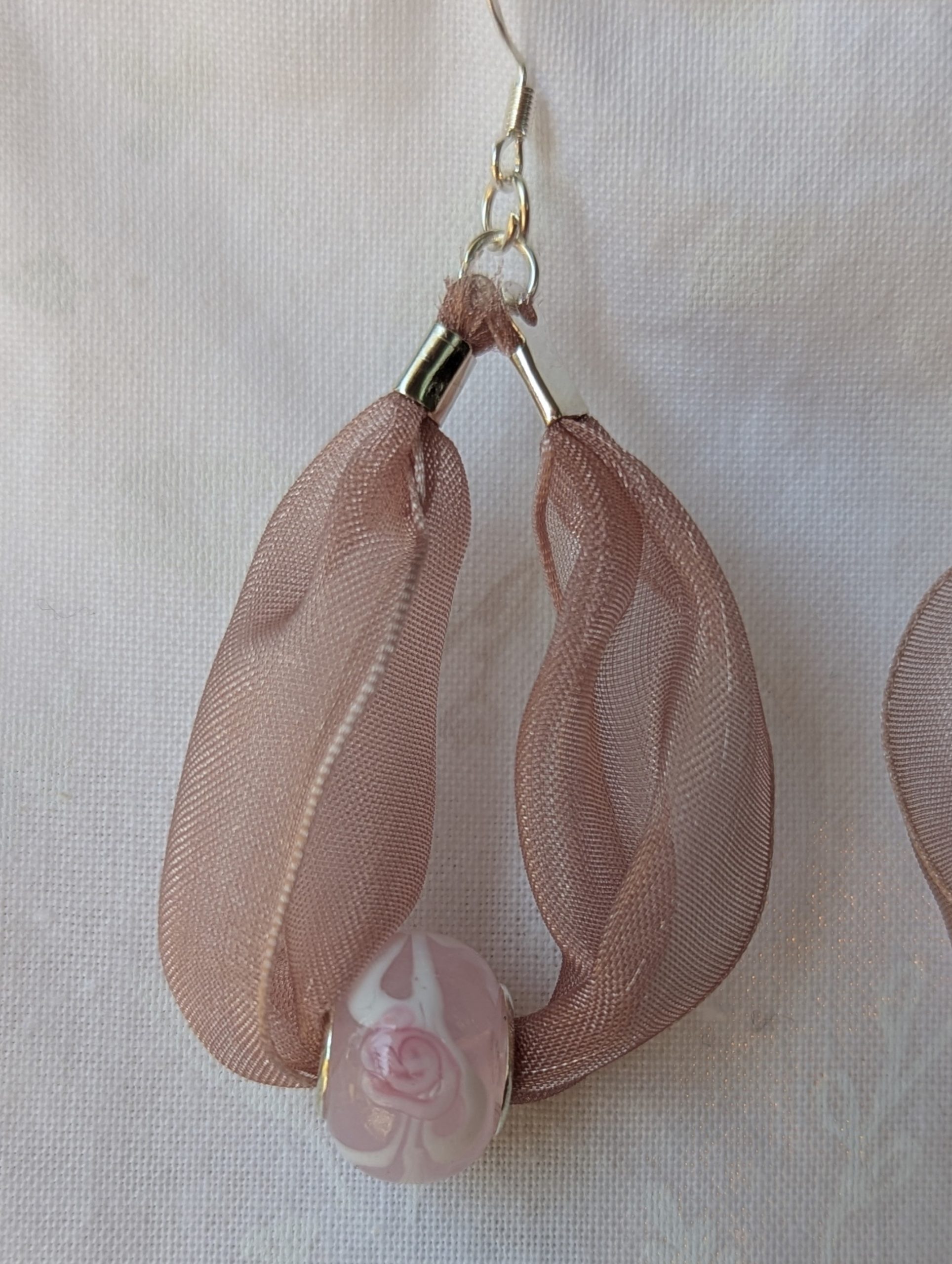 Pink and White Ribbon and Glass Bead Earrings - Image 2