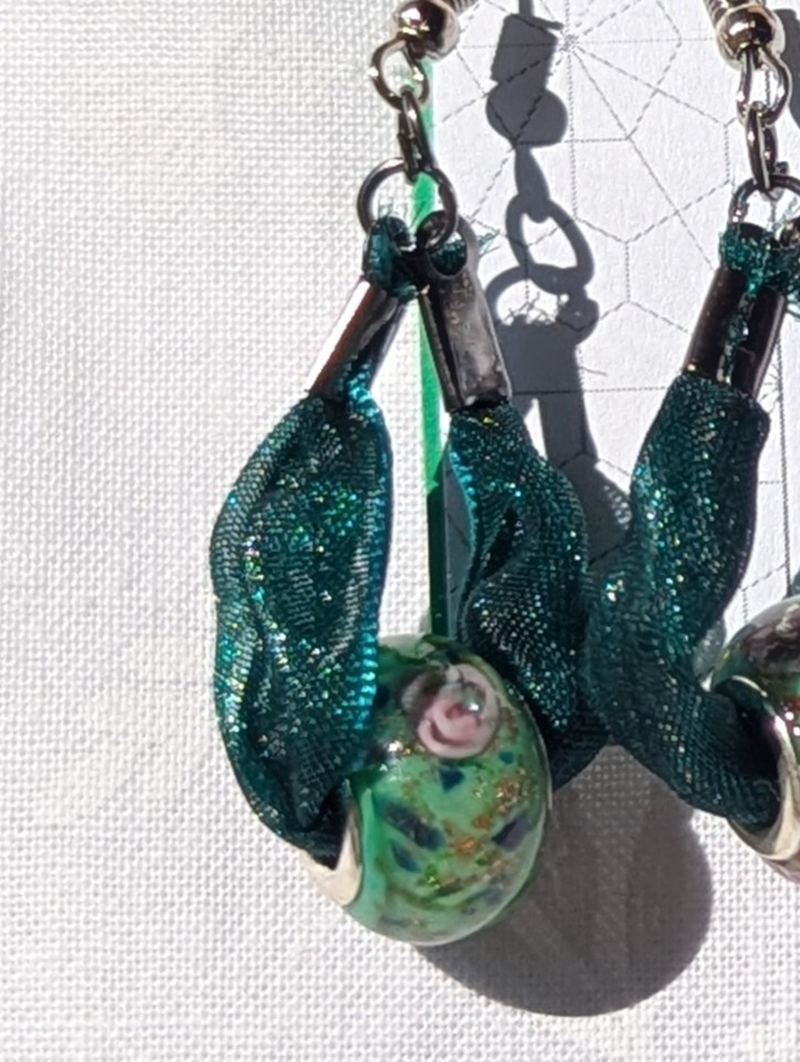 Green Ribbon and Glass Bead Earrings - Image 2
