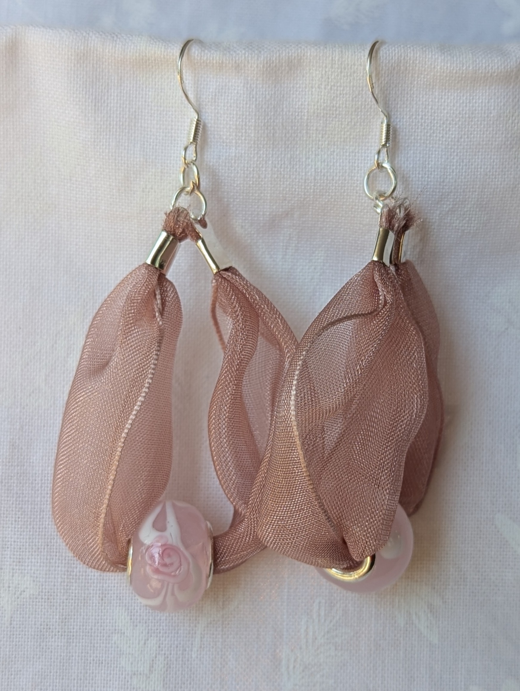 Pink and White Ribbon and Glass Bead Earrings - Image 5