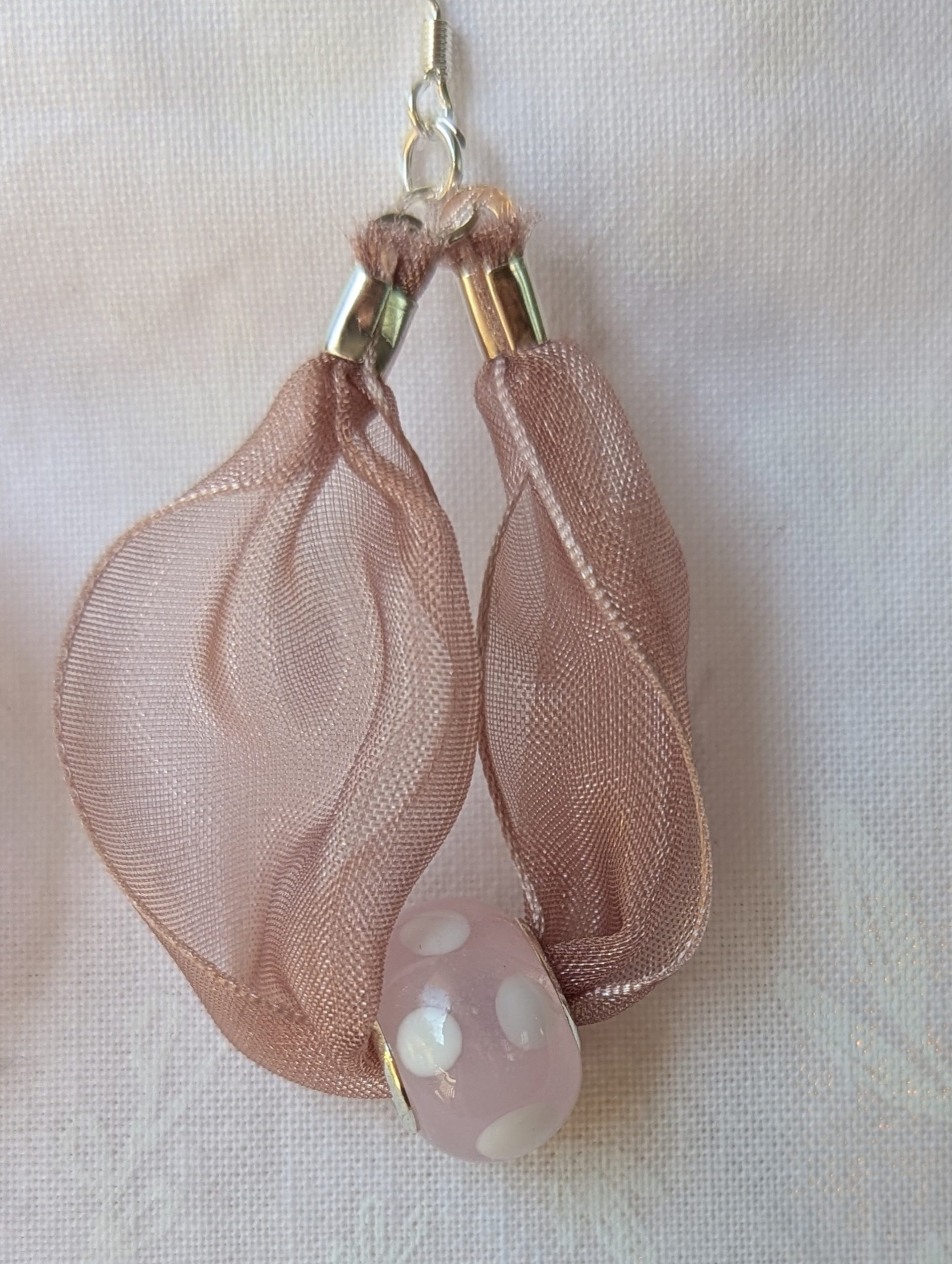 Pink and White Ribbon and Glass Bead Earrings - Image 4