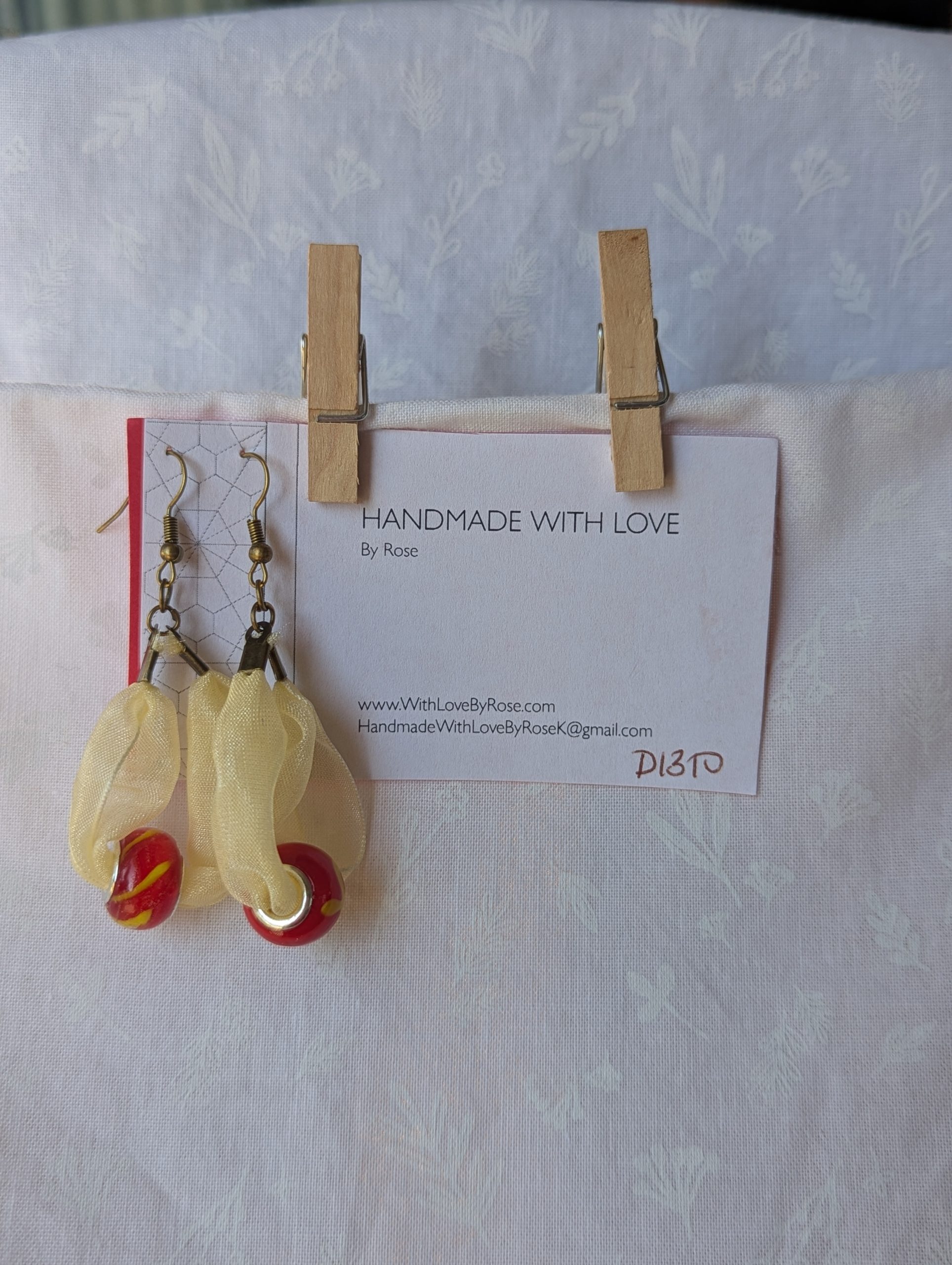 Pale Yellow Ribbon and Red Glass Bead Earrings - Image 2